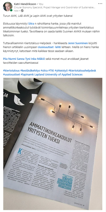 Kuva LinkedIn-julkaisun sisällöstä, joka käsittelee lehtiartikkelia Uusiouutiset 5/2022-numerossa.