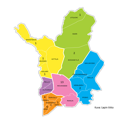 Kuviossa on kuvattu Lapin maakunnan seutukunnat karttapohjassa  eri värein sekä Lapin kunnat. Tekstissä on kerrottu yritysten sijainti maakunnassa. 