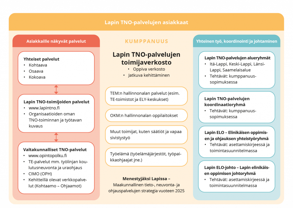 Kuvan vasemmassa reunassa on kolme pyöristettyä suorakulmiota, joissa kussakin on kuvattu asiakkaille näkyviä TNO-palveluja. Ylimpään laatikkoon on avattu Lapin TNO-toiminnan yhteiset palvelut, keskellä on TNO-toimijoiden tuottamat palvelut ja alimpana valtakunnalliset TNO-palvelut. Keskellä on avattu neljän suorakulmion sisälle Lapin TNO-palvelujen toimijaverkostoa, jotka kytkeytyvät myös kansallisiin verkostoihin. Oikealla neljässä suorakulmiossa on avattu TNO-verkoston yhteistä työtä, koordinointia ja verkostoa.