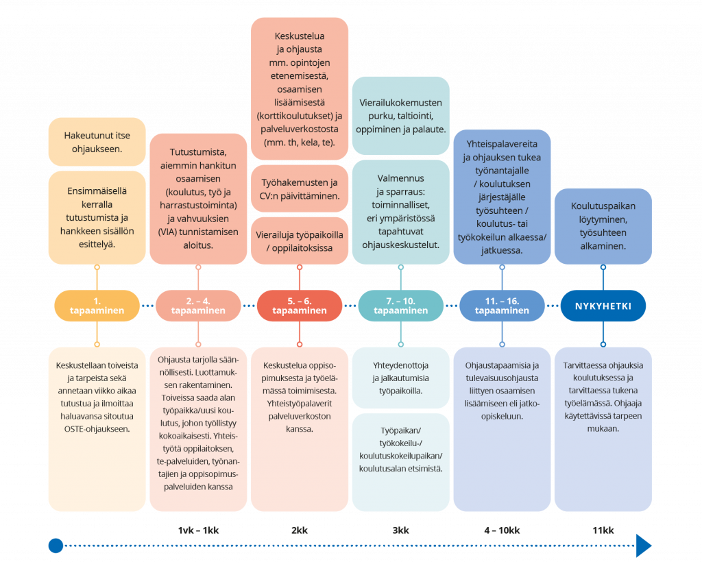 Kuvassa on aikajana ja sille kuvattu 1–16 tapaamiskertojen vaiheiden karkeita kuvauksia. 1. tapaaminen painottuu tutustumiseen ja hankkeen sisällön esittelyyn. 2–4 tapaamiskerrat liittyvät aiemman hankitun osaamisen kartoittamiseen ja vahvuuksien tunnistamiseen, 5–6 tapaamiskerrat ohjaukseen opintojen etenemisestä tai osaamisen kehittämisestä, 7–10 tapaamiskerrat valmennukseen ja sparraukseen sekä esimerkiksi koulutus- tai työpaikan etsimiseen, 11–16 tapaamiskerrat koulutukseen ja työelämään liittyvään ohjaukseen. Viimeinen vaihe eli nykyhetki kuvaa koukutuspaikan löytymistä tai työsuhteen alkamista sekä tarvittavaa ohjausta näihin ympäristöihin.